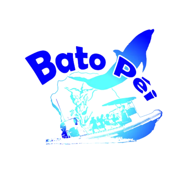 Logo bleu et turquoise de Bato Péi avec un bateau et une baleine