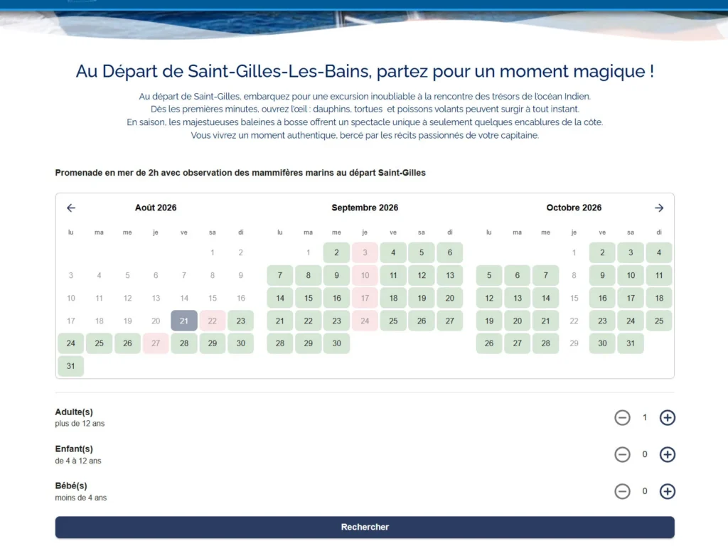 Système de réservation Bato Péi avec calendrier et sélection des passagers