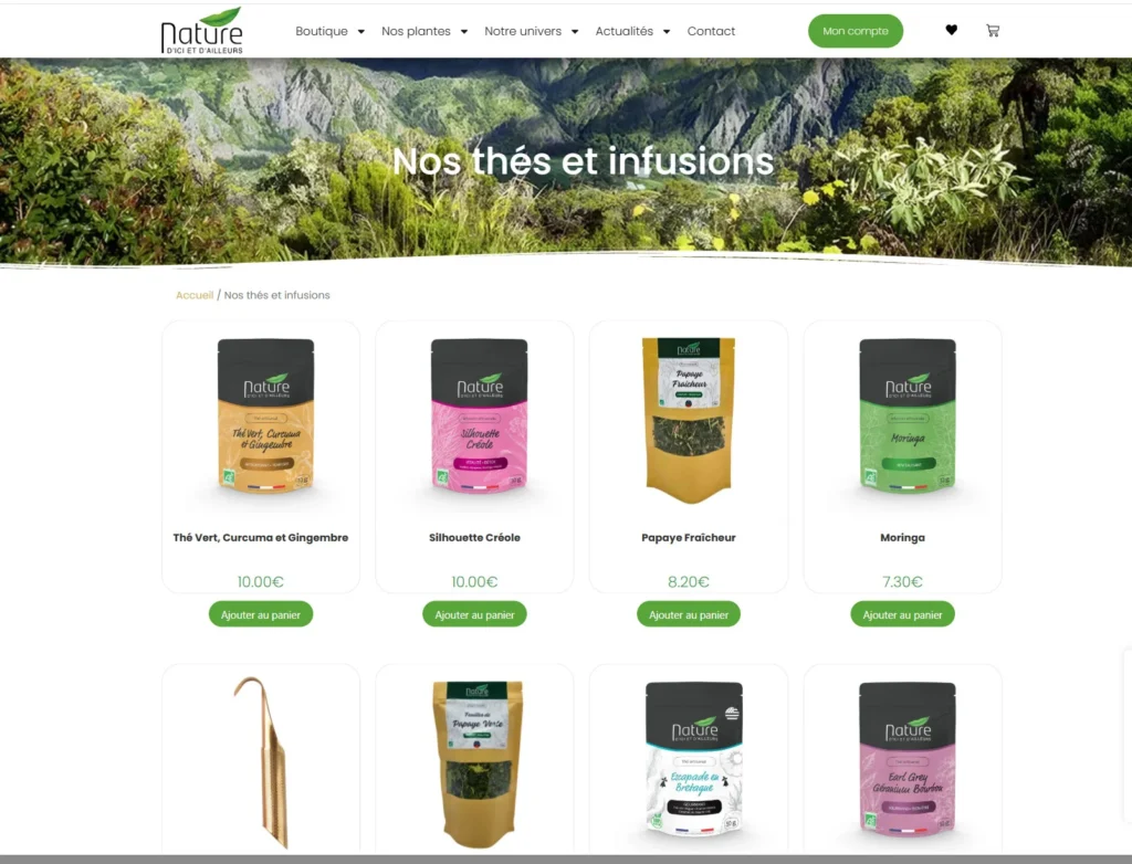Création site e-commerce Réunion : Nature d’Ici et d’Ailleurs 2 Catalogue de thés, infusions et sirops de la boutique Nature d’Ici et d’Ailleurs