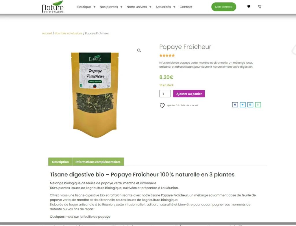 Création site e-commerce Réunion : Nature d’Ici et d’Ailleurs 3 Fiche produit avec prix et ajout au panier sur Nature d’Ici et d’Ailleurs